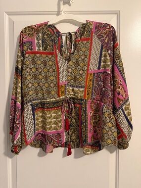 Patchwork Tie in Back Blouse - Pink Multi